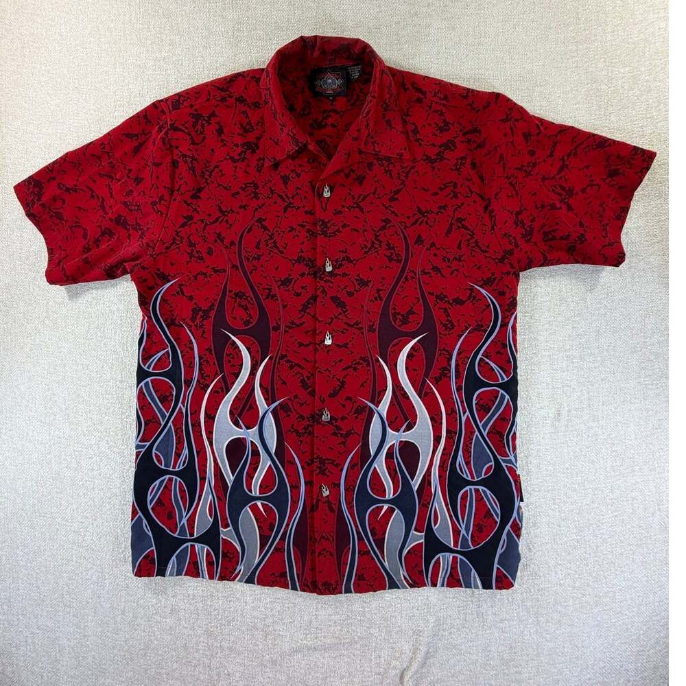 Dragonfly Roadhouse Men M Red Flame Short Sleeve Bowling Button Front Shirt